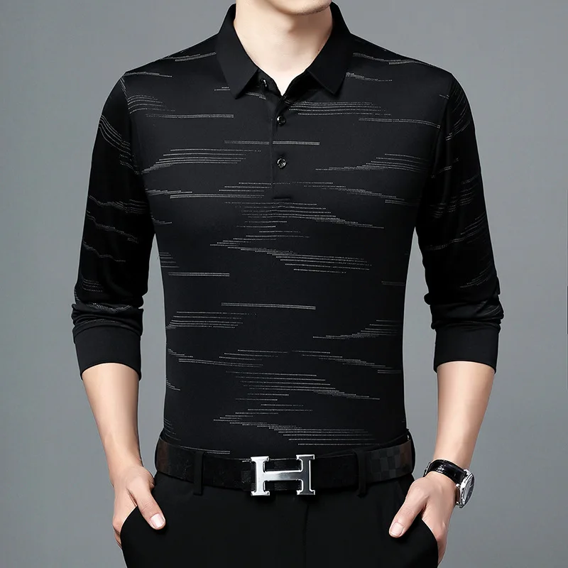 2023 Spring Autumn New T Shirt for Men Cotton Printing Solid Stripe Button Business Shirt Turn-down Collar Long Sleeve Tops