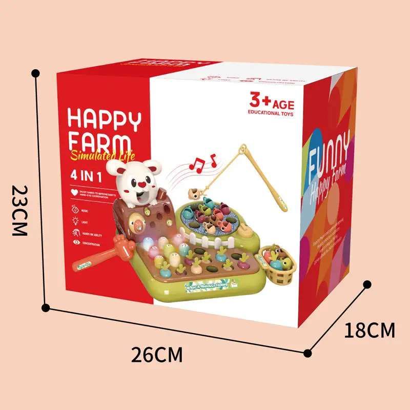 Happy Farm Hammer whack a mole speelgoed 4-in-1 elektronisch bordspel Hoge kwaliteit magnetisch visspel speelgoed voor peuters