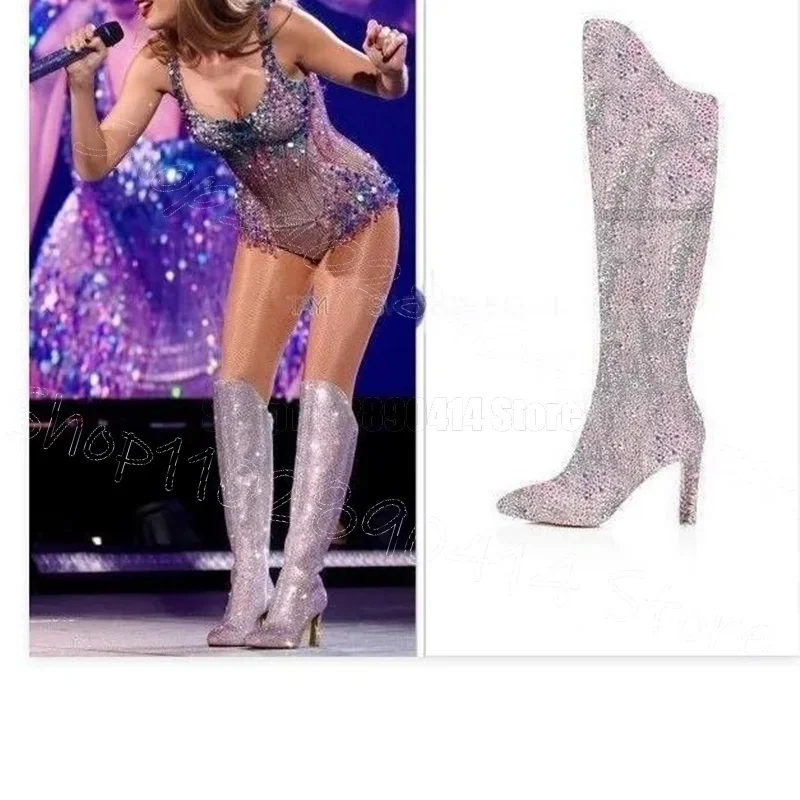 

Bling Bling Crystal Embellished High Heel Boots Pointed Toe Knee High Stage Boots Women Dress Shoes