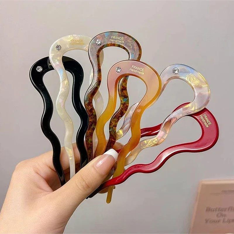 Grampo de cabelo torcido francês, grampo de cabelo de acetato ondulado em forma de u, vintage, concha de tartaruga, coque de cabelo feminino, acessórios de chapéu