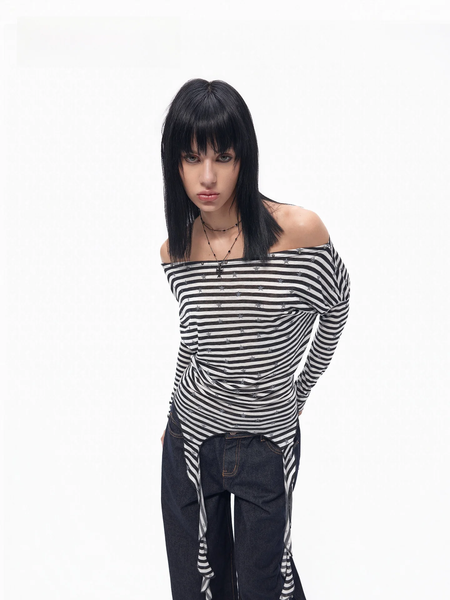Street Style Color Block Stripe Star One Shoulder Long Sleeve T-Shirt Asymmetrical Belted Top for Women Casual Standard Fit