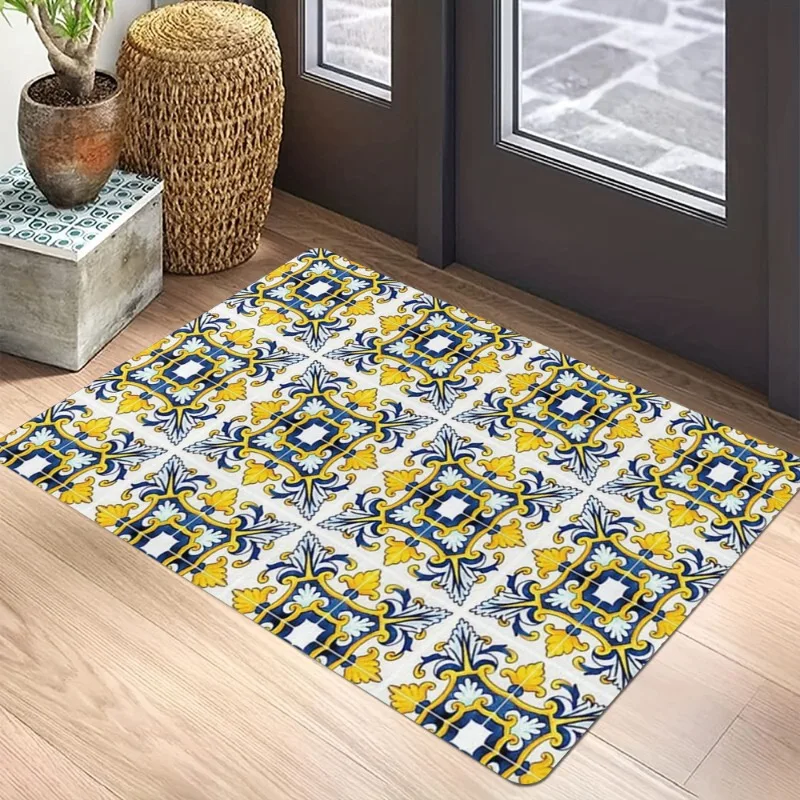 Bohemian Geometric Floral Carpet Mat Rug Blue Sunflower Smiley Sun Fruit Home Decoration Living Room Entryway Modern Vintage