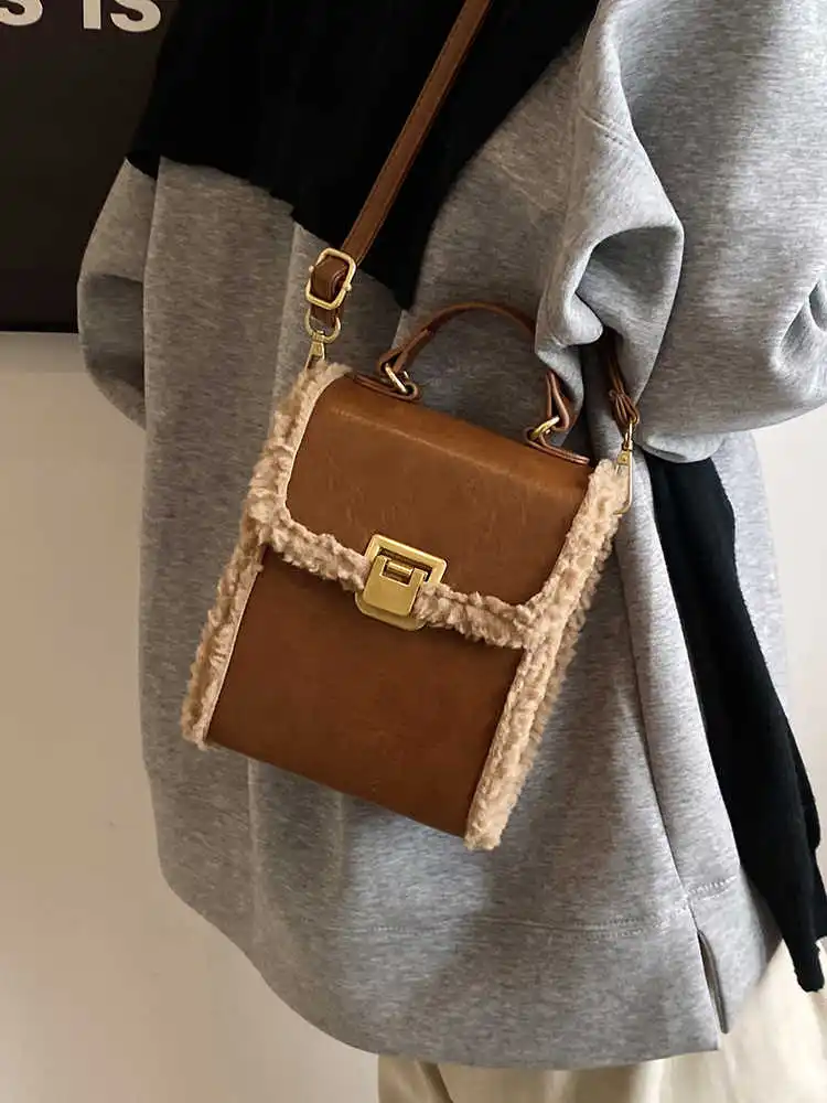 Women Retro Furry Splicing Tote Small Square Bags 2024 New Hundred Shoulder Bag Lady Commuter Crossbody Phone Purse