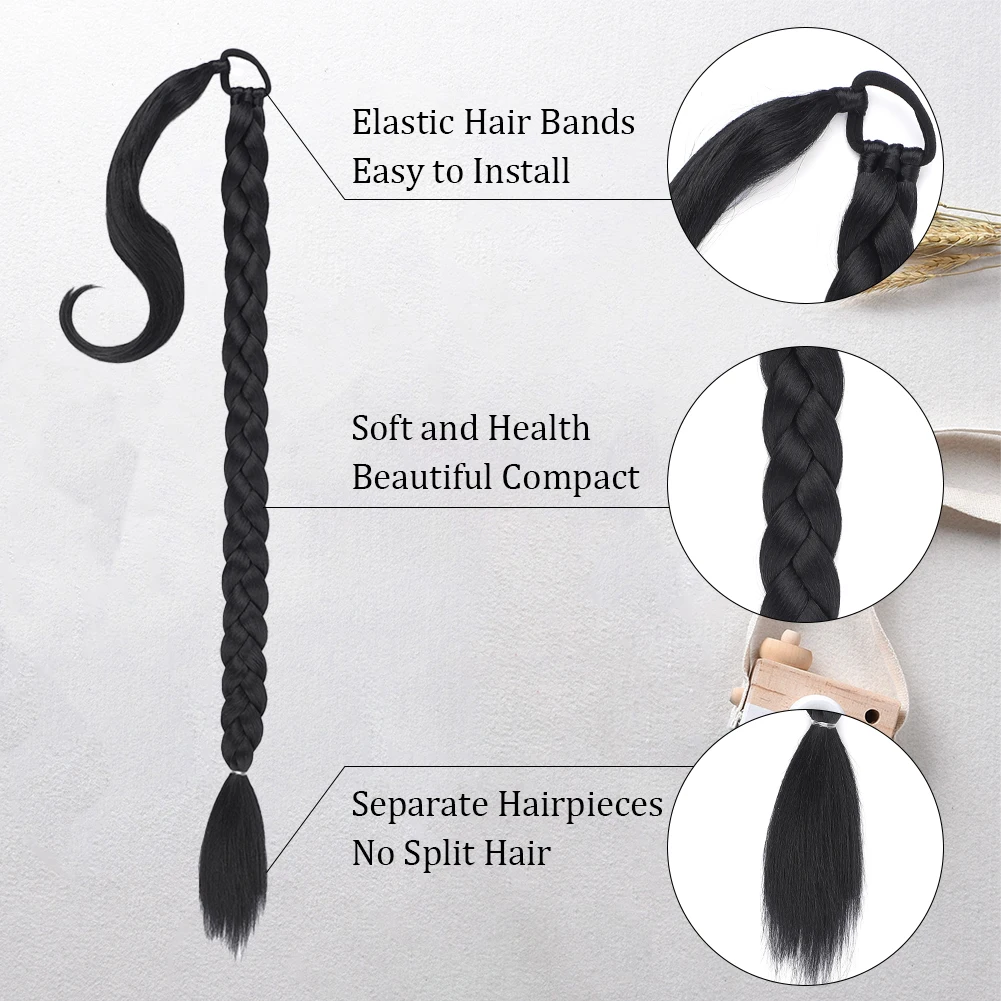 Long Braided Ponytail Extension with Elastic Tie Long Straight Wrap Around Hair Extensions 30 Inch Premium Synthetic Hairpiece