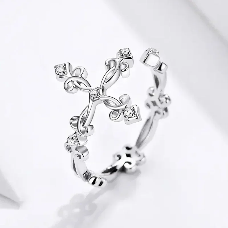 CAOSHI Fashion Lady Cross Adjustable Rings with Shiny Zirconia Silver Color Opening Finger Ring Stylish Female Versatile Jewelry