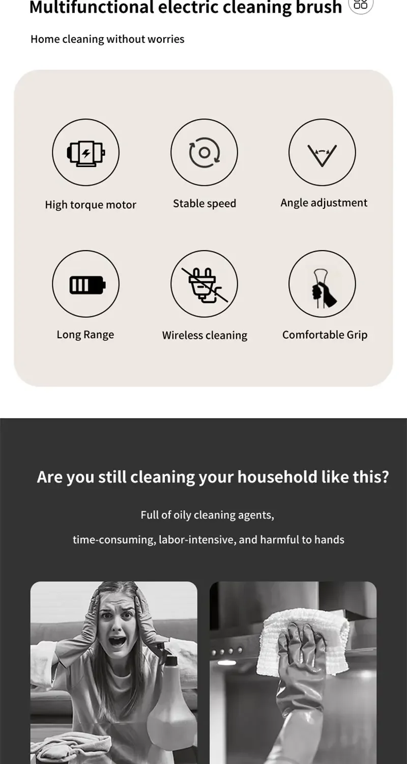 Simplify everyday cleaning with a rechargeable electric spin scrubber featuring an extension handle, interchangeable brush heads, USB-C charging, and a battery display.
