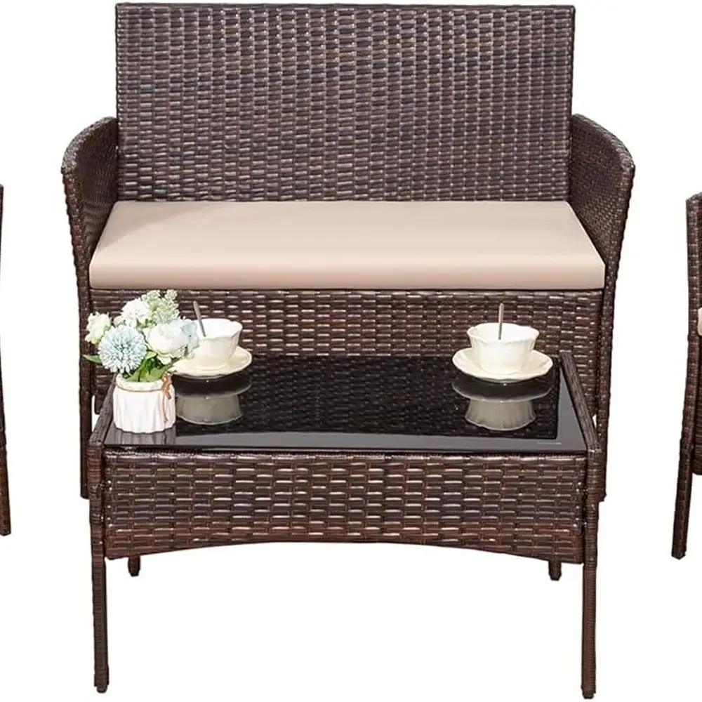 

4-Piece Outdoor Patio Furniture Set with Beige Cushions and Brown Wicker Chairs for Balcony, Lawn, and Porch
