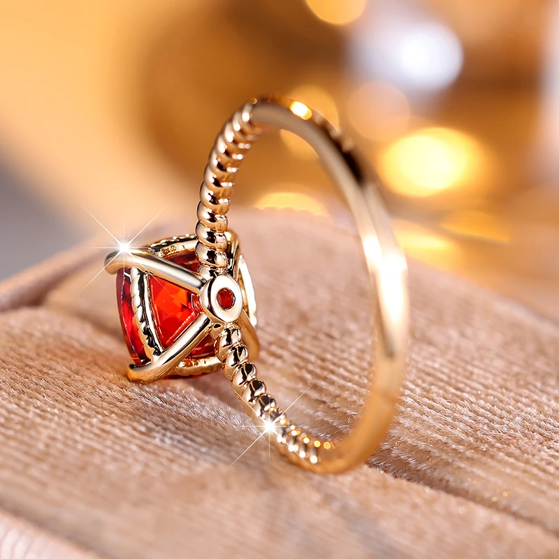 Charm 18K Gold Plated Red Stone Square Cut Princess Ring for Women Girls Creative Twist Stackable Finger Jewelry Size 5 to 10