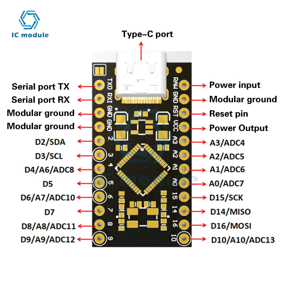 5V Pro Micro Type-C USB ATmega32U4 16MHz chip development board module For Arduino With 2 Row Pin Header