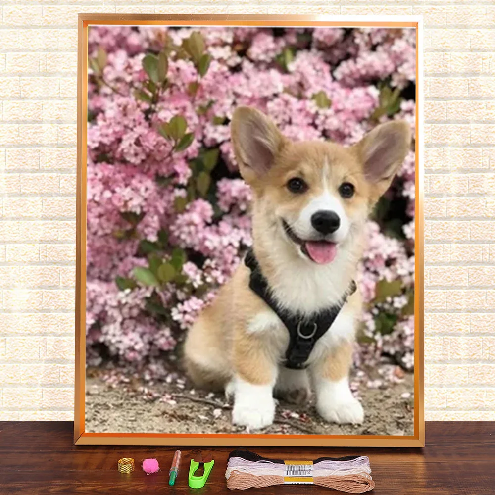 Animal Dog Corgi Printed Canvas 11CT Cross-Stitch DIY Embroidery Full Kit DMC Threads Sewing Handiwork Painting    Wholesale