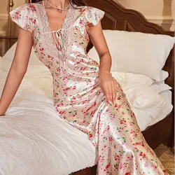 Print Flower Nightdress Long Lingerie Sexy Lace Trim Home Dressing Gown Women's Satin Sleepwear Summer New Nightgown Loungewear