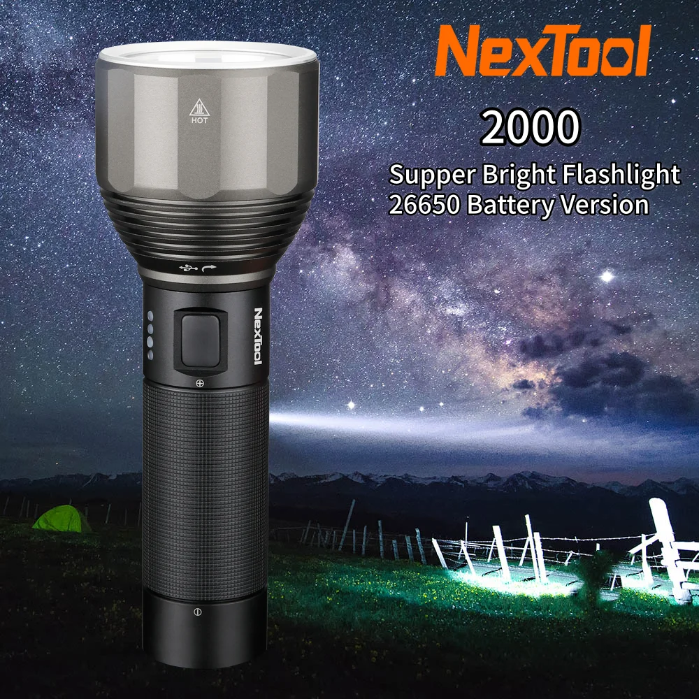 Nextool Outdoor Performance Handheld High Flashlight 2000 Lumens 26650 Battery for Tactical Camping Hiking Tactical Walking
