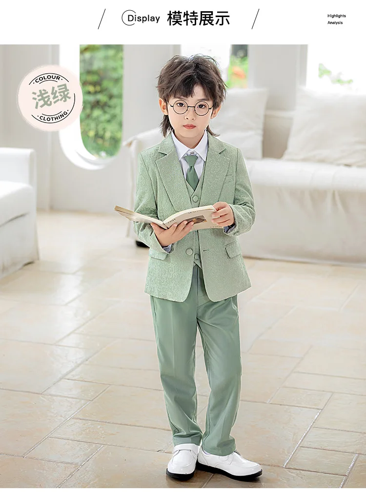 Kinder-Jungen-Jacquard-Blazer-Anzug-Set, Neujahrs-Blumenjungen-Hochzeitskostüm, Gastgeber-Outfit für Klavierauftritte, Bühnen- und Partykleidung – Detail 5