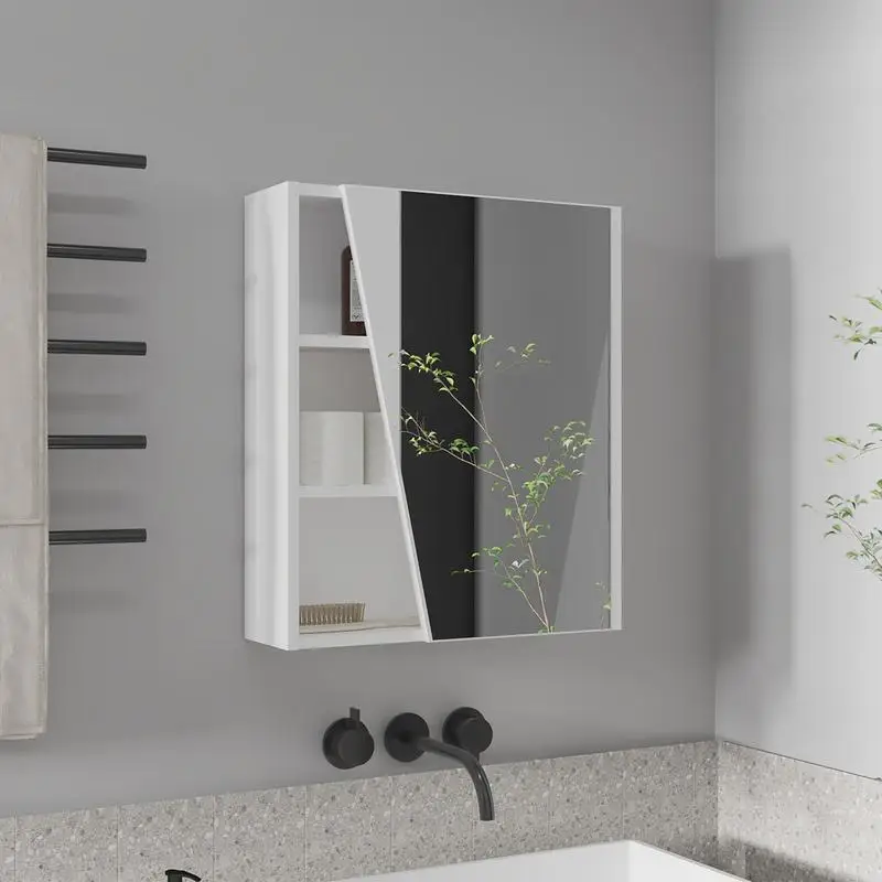 

Wall-Mounted Mirror Medicine Cabinet with One Door and Four Open Compartments, White Finish