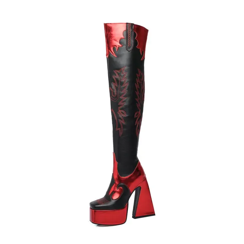 Embroidery Patchwork Over-the-knee High Boot Platform Chunky Strange Super High Heel Square Toe Side Zip Autum Winter Women Shoe