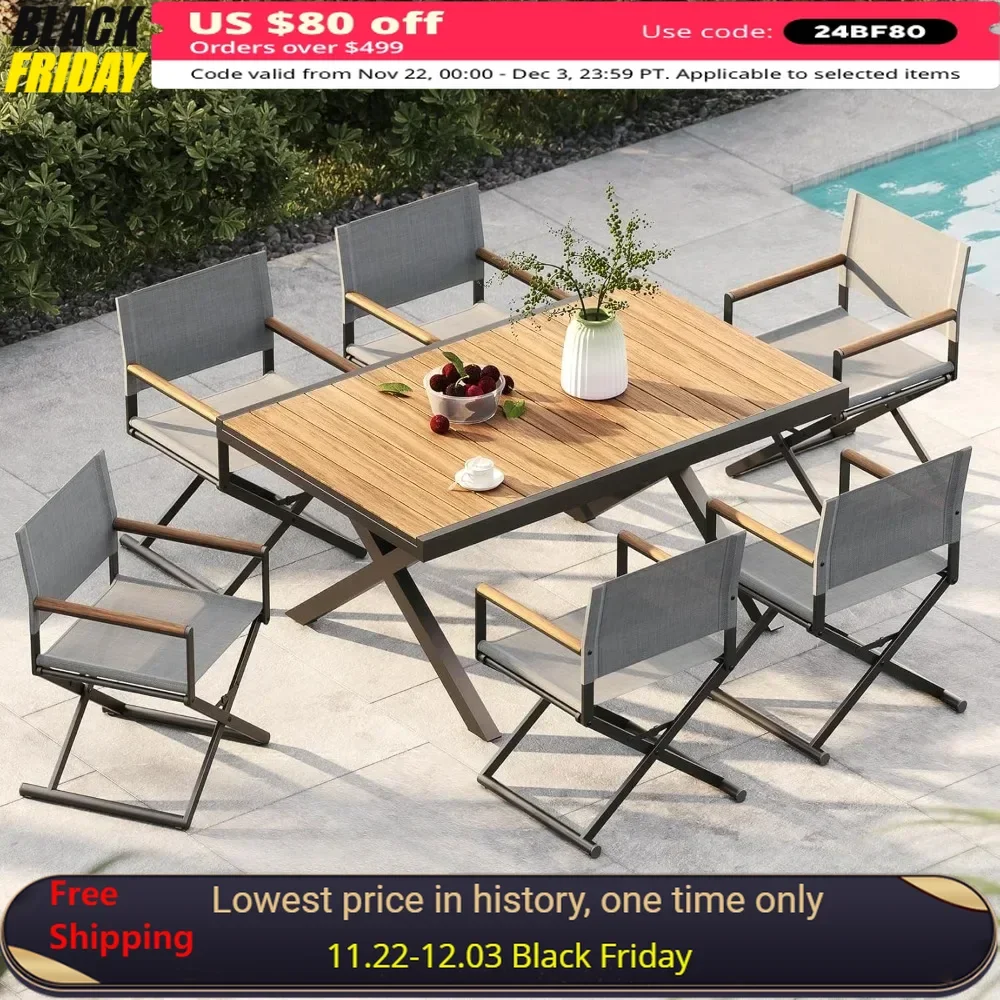 

7-Piece Outdoor Dining Set, 6 Extra-Wide Foldable Chairs & 1 Extendable Table, UV-Resistant Mesh, Patio Furniture Set