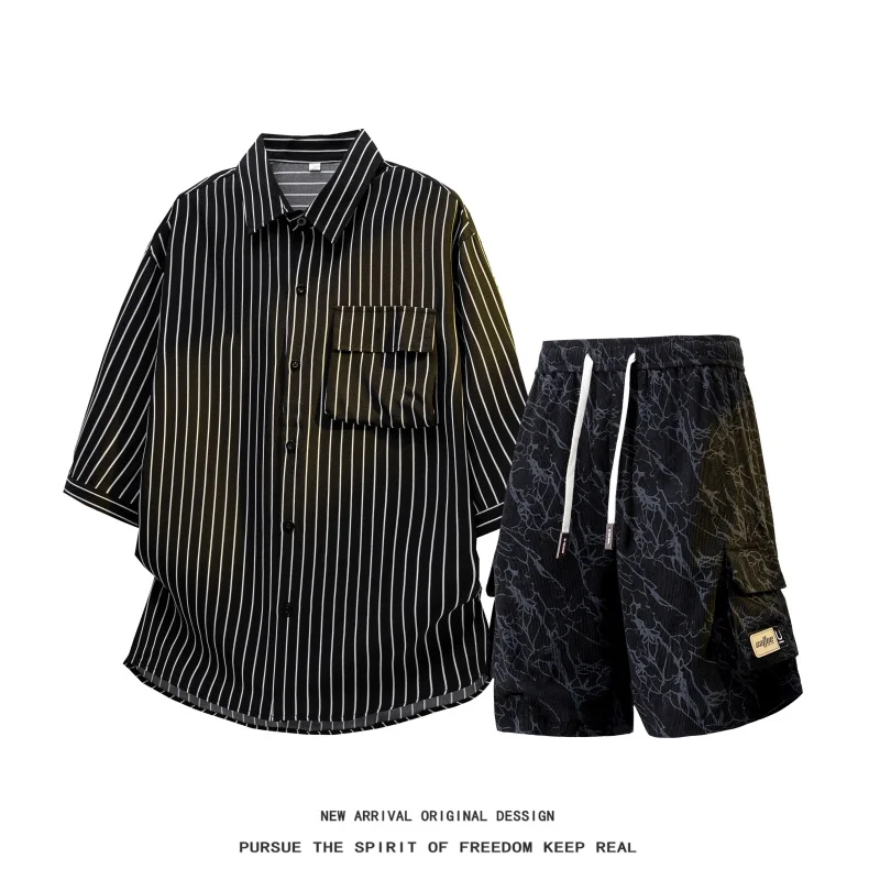 【Shirt + Shorts】Men's Shirt Set Summer Fashion Ice Silk Striped Shirt Tie-Dye 5-point Pants Daily Casual Leisure 2-Piece Outfit - view 2