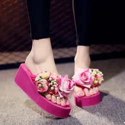 Slippers Women Handmade Slippers Summer Flip Flop Flowers Female High Heel Ladies Bohemia Beach Sandal Slippers Home Slippers