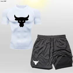 Summer New Thin Running T-shirt Men's Jogging Gym Fitness Double-layer Shorts Multi-functional Casual Daily Sports suit
