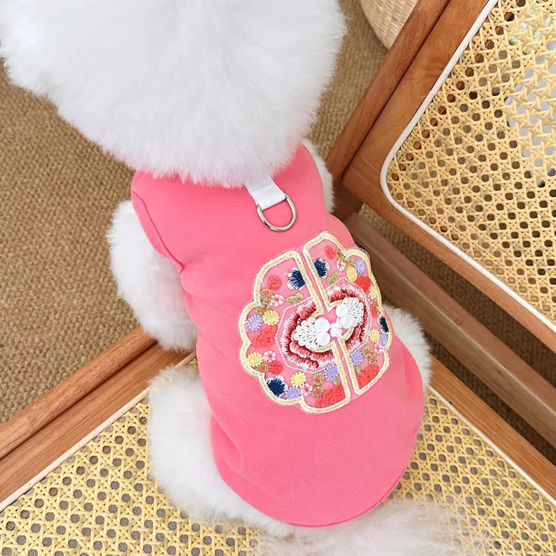 New Chinese Style Spring and Summer New Pet Dog Dog Cat Clothes Teddy Bichon Buckle Embroidery Traction Vest