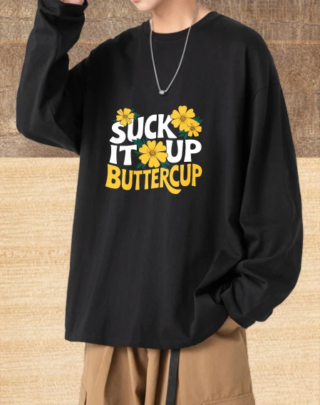 

Футболка для мужчин, осенняя футболка с круглым вырезом Y2k с длинными рукавами и графическим рисунком Suck It Up Buttercup, винтажная одежда 90-х годов, футболка с круглым вырезом и принтом