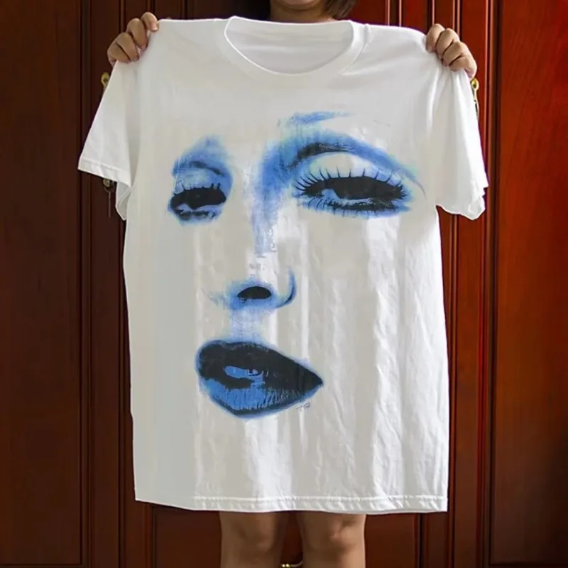 New Madonna Big Face White Background Blue Printed T-shirt Summer New Men's and Women's Casual Fashion T-shirt