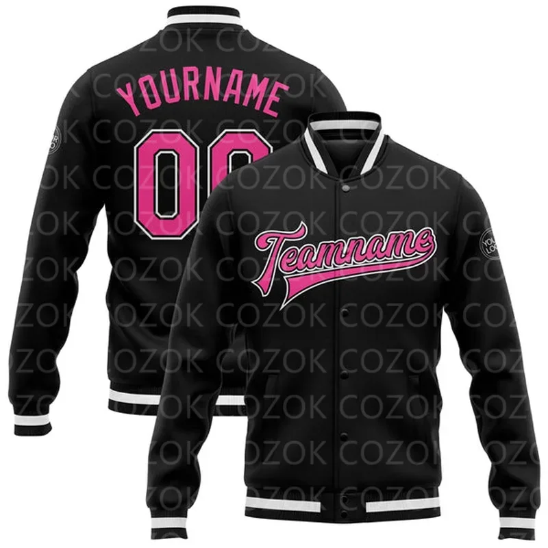 Custom Black Pink 3D Printed Baseball Button Jacket Bomber Full-Snap Varsity Letterman Jacket