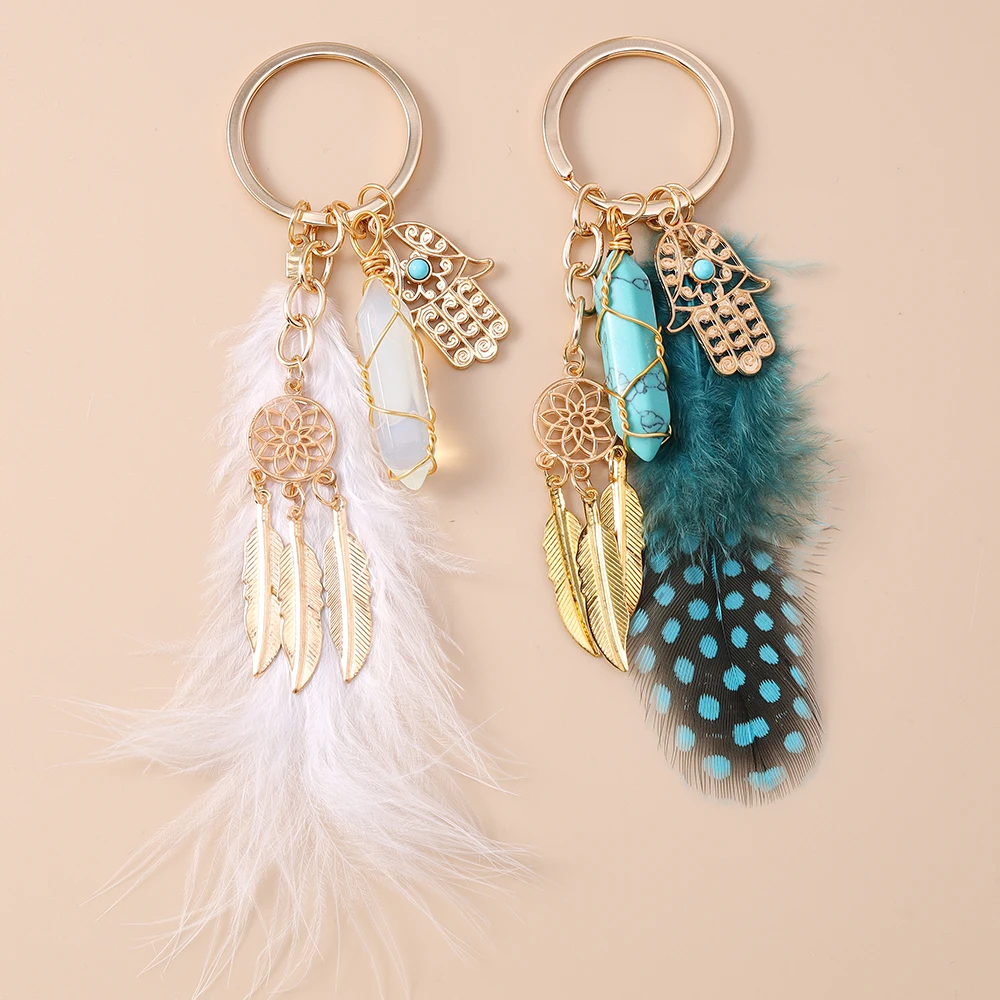 Bohemia Tassels Feather Keychain Women Girl Turquoise Key Ring Pendants for Handbag Decor DIY Handmade Key Chain Jewelry Gifts