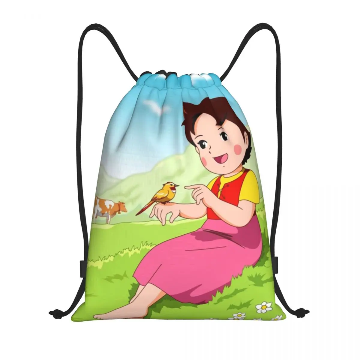 Alps Mountain Girl Happy Heidi bolso con cordón hombres mujeres portátil deportes gimnasio mochila compras almacenamiento mochilas