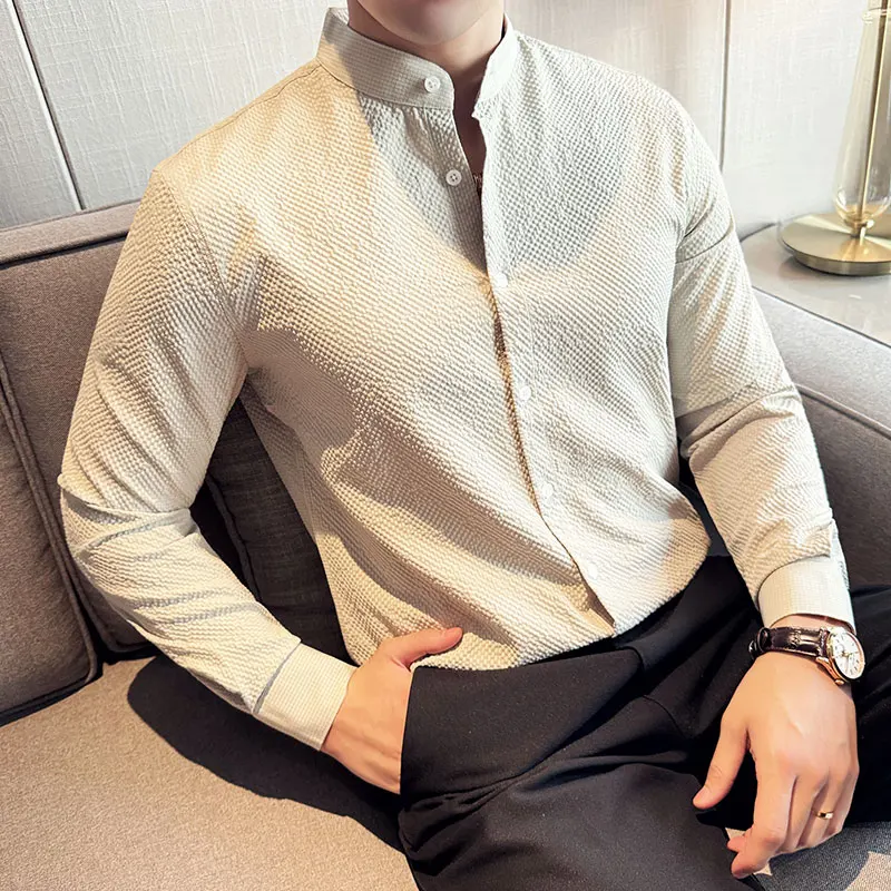 Luxury Men's Shirt New Chinese Style Stand Collar Long Sleeve Shirt High Quality Stretch Buersucker Shirt Green Male Clothing