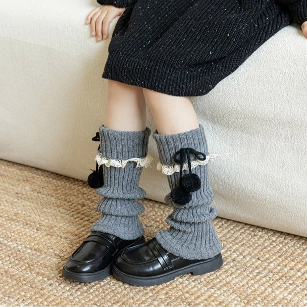 New Solid Color Leg Warmers Thickened Lolita Mid-Calf Sock Knitted Bow Pompom Middle Tube Socks Gift