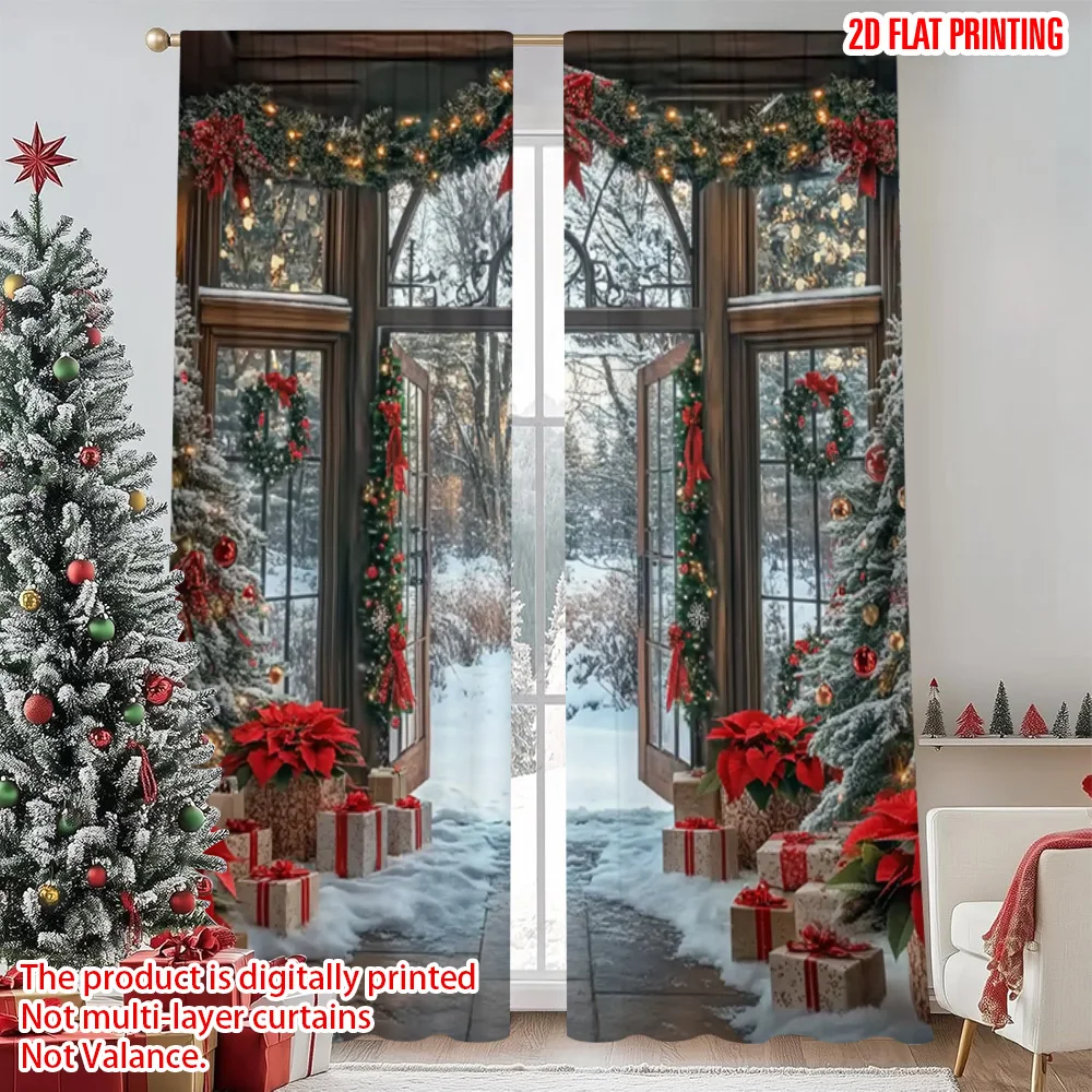 

2pcs 2D flat printing Merry Christmas Curtains Christmas3 Machine Washable Polyester Without Electricity Family Party Decoration