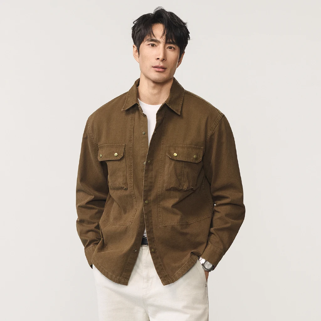 Men's American Retro Washed Cotton Big Pocket Loose Casual Long Sleeve Cargo Shirts Jacket Spring Autumn Blouses Coat