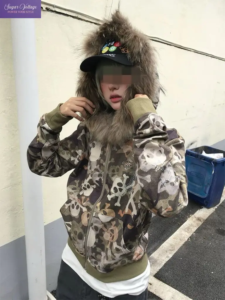 American Vintage Skull Camo Hooded Jacket Women Furry Collar Cropped Cross Rhinestone Zip Up Cardigan Coat Streetwear Clothes