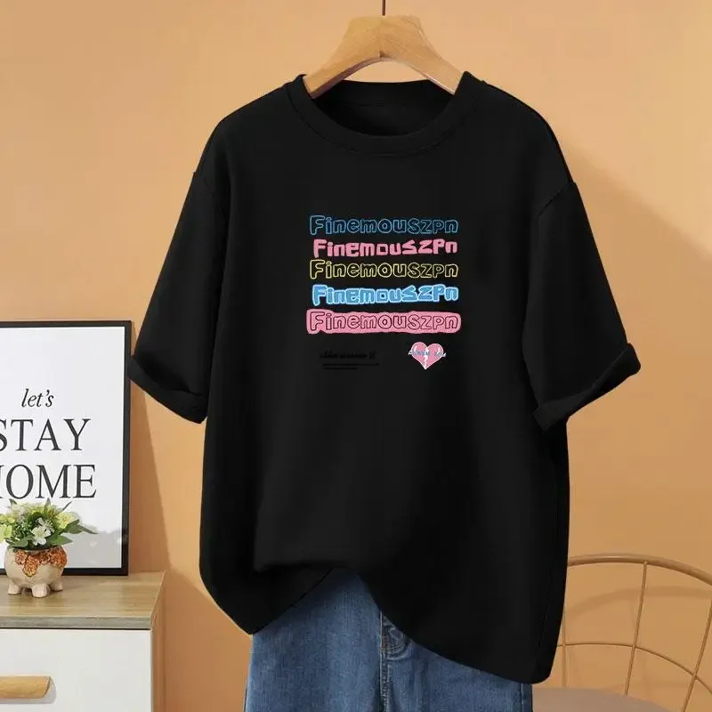 

Women Clothing 100% Cotton Pullovers Loose Casual Short Sleeve Top Tee Summer Y2k Letter Printed O-neck Basics T-shirt