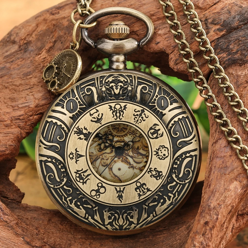 Circle Gear Analog Design Quartz Pocket Watch Steampunk Arabic Numeral Necklace Sweater Chain Pendant Clock with Gear Accessory