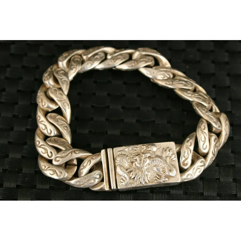 chinese Asian old tibet silver hand cast dragon statue man bracelet jewel gift