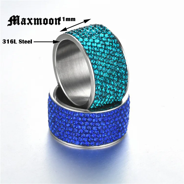 Maxmoon 8 Rows Crystal Stainless Steel Ring Women for Elegant Full Finger Love Wedding Engagement Rings Jewelry Men