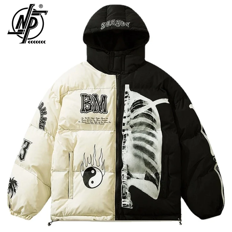 

Winter Hooded Parka Jacket Men Patchwork Yin Yang Skeleton Print Thicken Warm Padded Coats Harajuku Fashion Outwear Unisex 2023