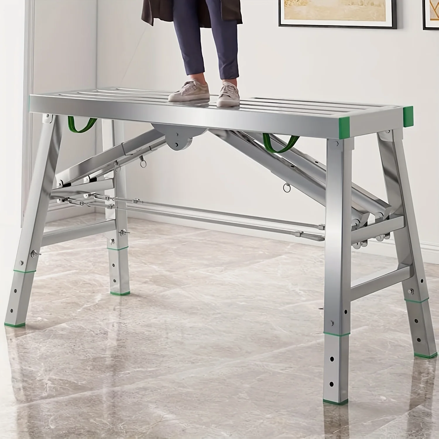 15.75'' Width Work Platform Steel Folding Step Ladder Thicken Scaffolding Portable Stage Adjustable Height Work Drywall Bench Heavy Duty Equipment Max Load 1102Lbs for RV Cleaning High Painting Walls Decorating Cleaning Car Washing' - view 2