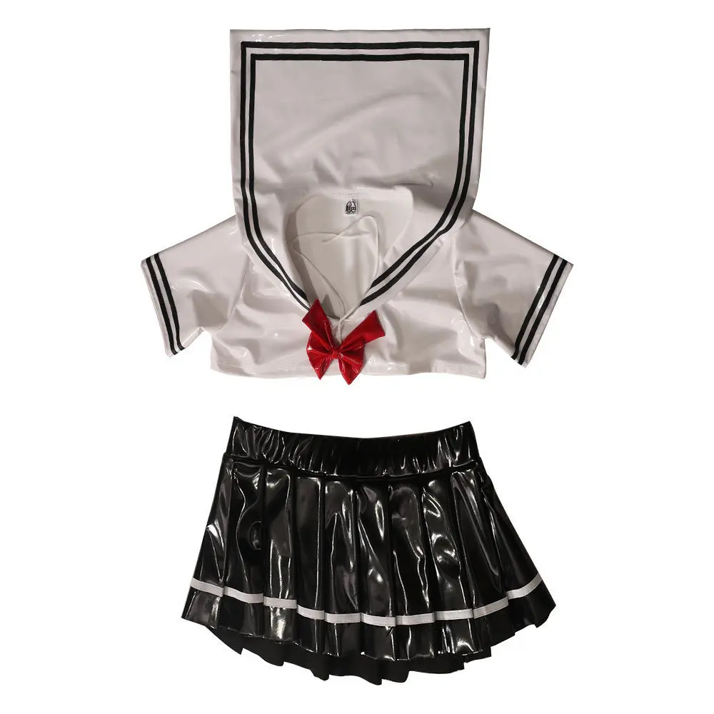 Women Lady PU Leather Uniform Shirt Skirt Black White Suit Bow Japanese Style