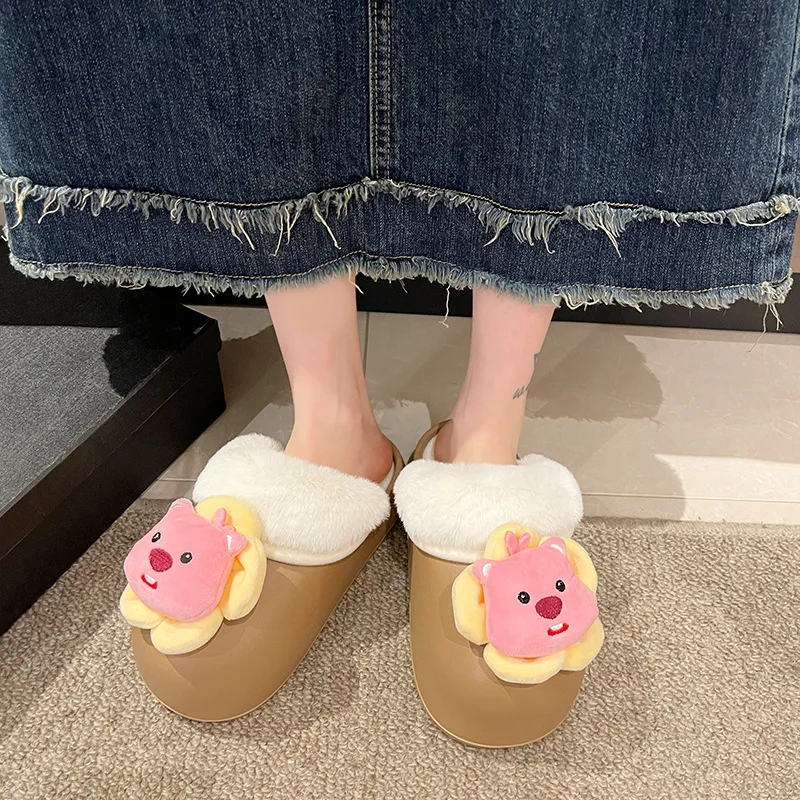 Kawaii Cartoon Anime Loopy Flat-Soled Slip-On Furry Shoes Women's Outer Wear Thick-Soled Warm and Cute Plush Cotton Shoes