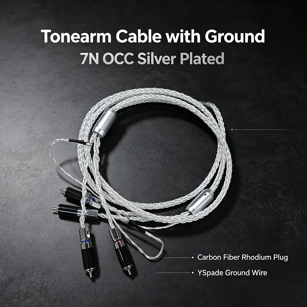 7N OCC Silver Plated Tonearm Cable with Ground Wire RCA Phono Cable Carbon Fiber Y Spade for Turntable Record Player