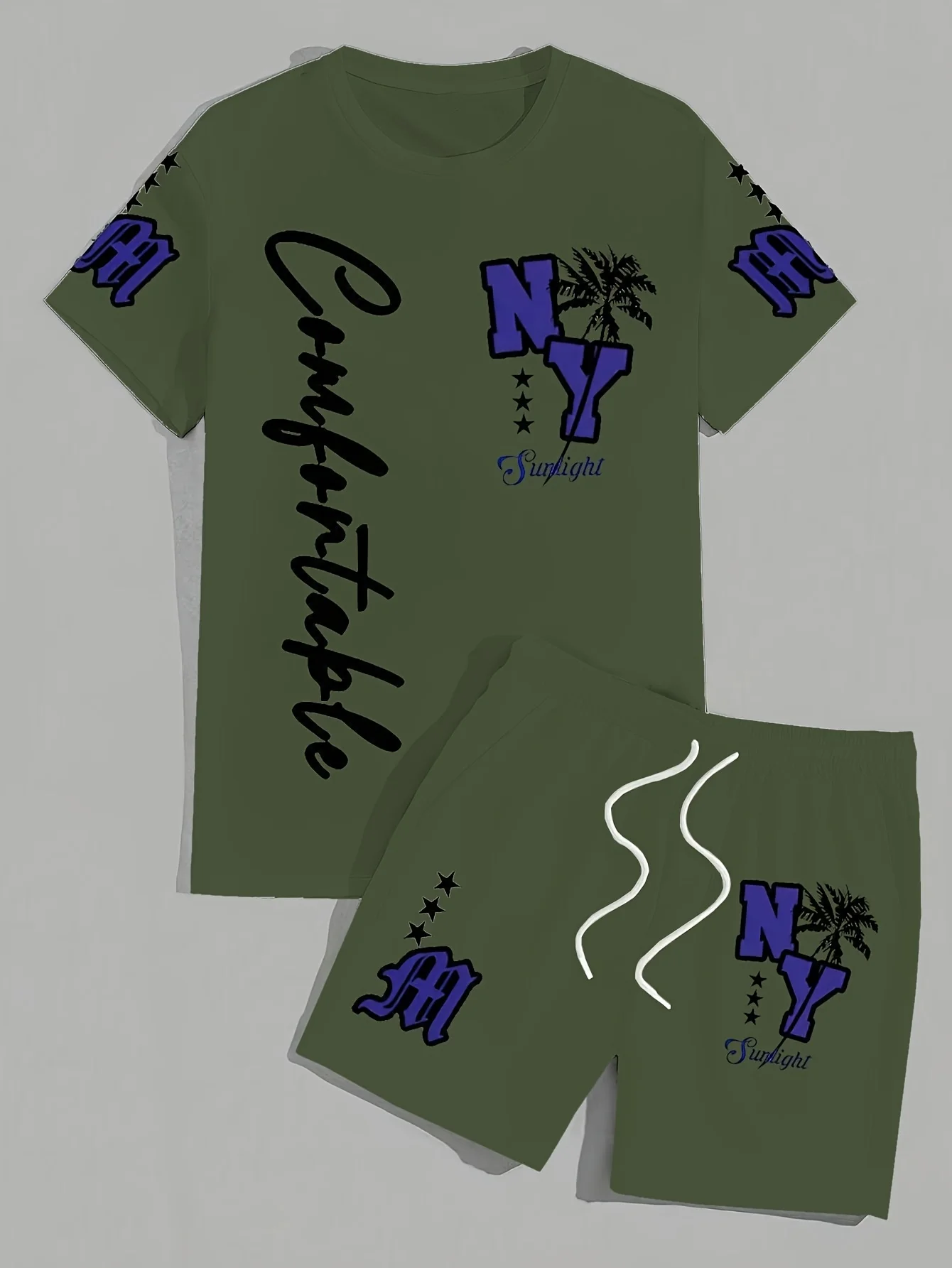 Summer 2025 new men's suit with letter prints, casual and fashionable outdoor, lightweight and breathable polyester men's wear