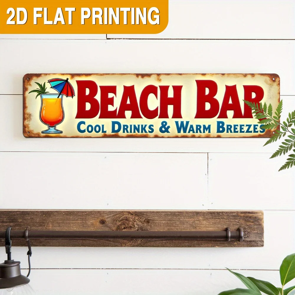 2D Flat Retro Beach Bar Metal Sign - 1pc 