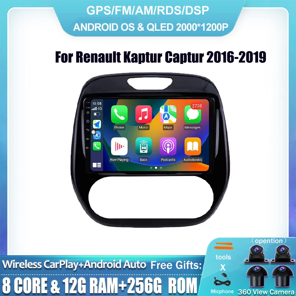 9'' BLUETOOTH IPS Car Radio For Renault Kaptur Captur 2016-2019 Android 14 Carplay Multimedia GPS Navigation With Raer View Cam