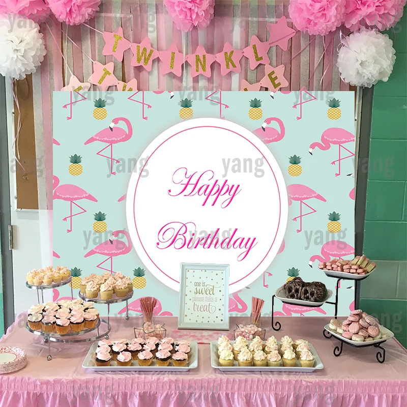 Pink Flamingo Customize Happy Birthday Backdrop Cute Newborn Girls Forest Green Leaves Background for Photo Pineapple Decoration