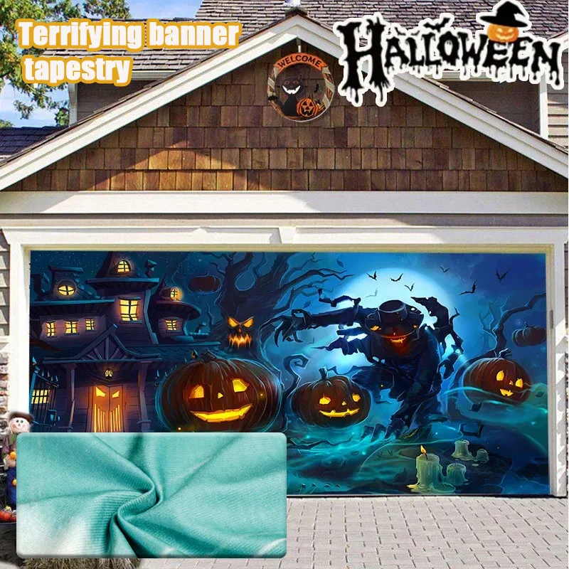 1 Set Spooky Halloween Garage Banner Large Outdoor Party Backdrop Holiday Decoration Perfect for Home Use