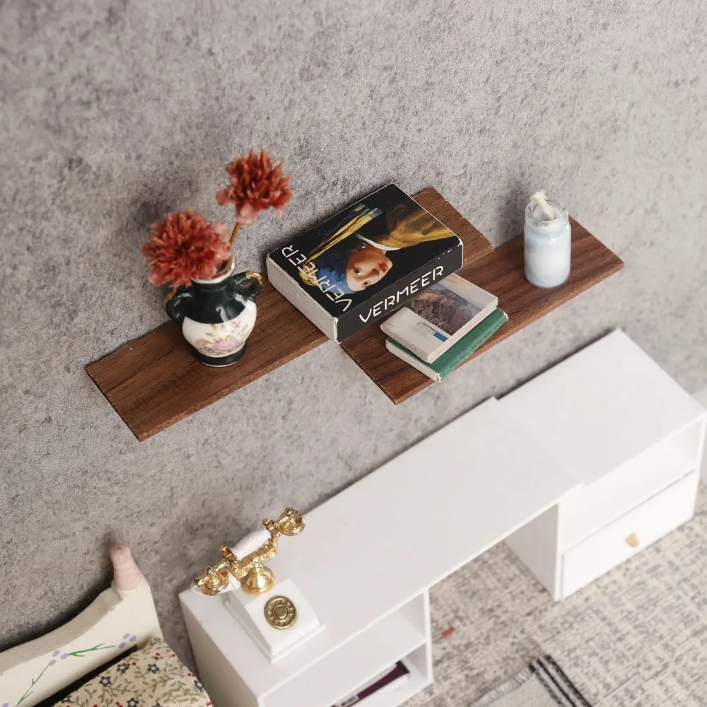 2pcs Mini Wall Mounted Display Rack with White Bracket, Mini Bookshelf Storage Rack, Retro Mini Furniture Decoration