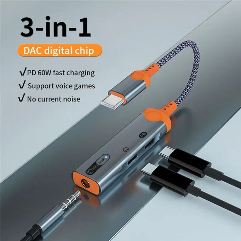 B03B-1 PCS 3 In 1 Headphone Jack Adapter PD60W Fast Charging Splitter Earphone Converter Type C To 3.5Mm DAC Audio Dual Type C A